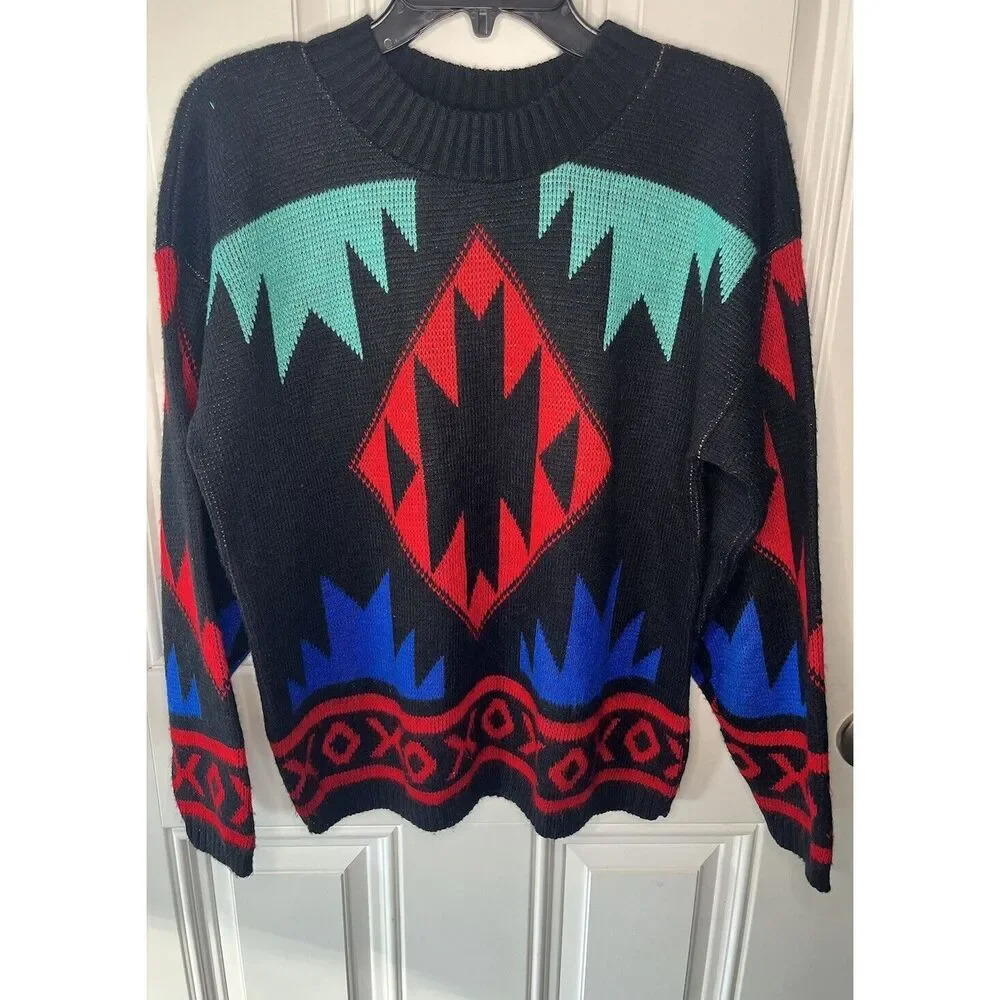 Vintage Spring Season Colorful Geometric Sweater red black Aztec Ski Medium